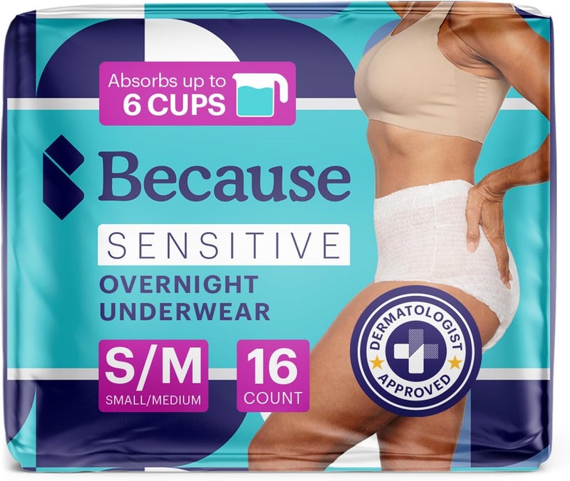 because Adult Incontinence Underwear for Sensitive Skin - Women - Premium Overnight Disposable Briefs, Anti Odor - White, Small/Medium - Absorbs 6 Cups - 16 Count (Pack of 1) - Image 1